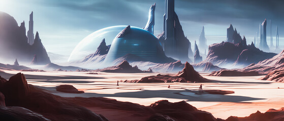 Concept of space colony on an uninhabited planet, Generative AI