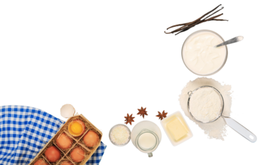 Bakery fresh cooking ingredients, egg, flour, sugar, butter