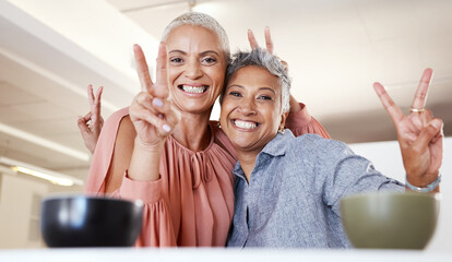 Senior women, bonding or peace sign in house or home living room for social media, profile picture or cool memory capture. Portrait, happy smile or retirement elderly friends and emoji hands gesture - Powered by Adobe