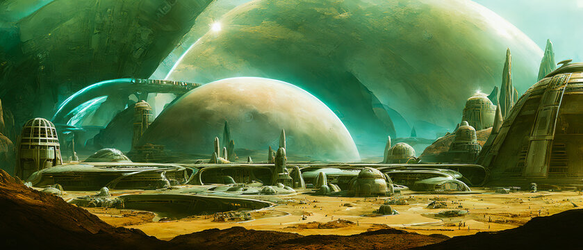 Concept of space colony on an uninhabited planet, Generative AI
