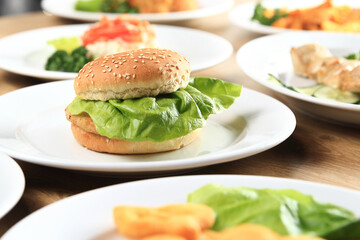 host of delicious dishes on the table in children's restaurant