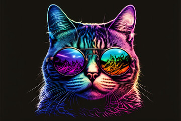 colorful Synthwave style cute cat with sunglasses, dark black background, Portrait, digital illustration ai art style
