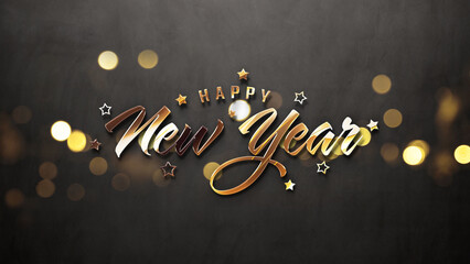 Happy New Year greetings with golden effect. Shiny celebration text on concrete for background, graphic design, banner, illustration. 3D rendering