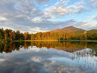 Trees reflection on the lake water surface, peaceful lake landscape with forest and hill background