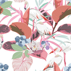 Obraz premium Art floral seamless pattern. Blueberry fruits and pink leaves. Flamingo bird with palm leaves isolated on a beige background.