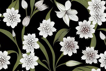 Floral background. Abstract floral Seamless flowers pattern in a black background.