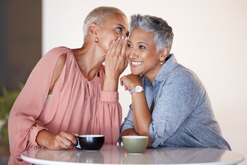 Senior women, bonding or whispering secrets in coffee shop, restaurant or cafe and funny gossip,...
