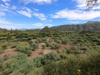 A colorful valley with the Inca ruins of El Shincal near the Argentine town of Belen
