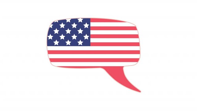 Animated American speech bubble. Flat cartoon style HD video footage. Textbox element. Speaking shape color illustration on white background with alpha channel transparency for animation