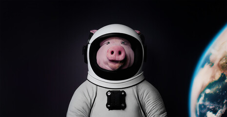 illustrazione di  maiale vestito da astronauta su un pianeta con sfondo blu con stelle e satellite           creato con intelligenza artificiale, AI - obrazy, fototapety, plakaty