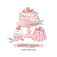 Bakery house. Logo for confectionery or bakery. Сake, cupcake and berries. Vector illustration for menu, recipe book, baking shop, cafe.