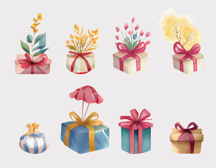 set of Beautiful Watercolor gift boxes Christmas Collection 