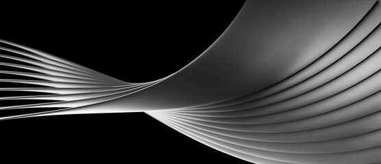 Metallic grey abstract shiny modern 3D object with many overlapping layers and flowing curves, lines or shapes on black background