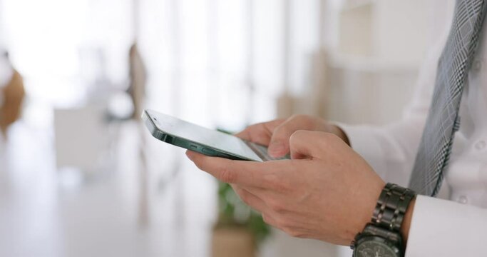 Hands closeup, phone and businessman in office for research, idea and strategy for startup design. Zoom, UI and smartphone with man designer online for inspiration, planning and app for schedule