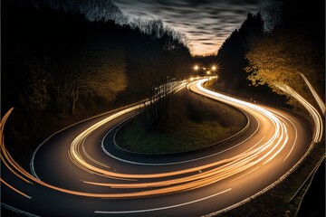 light trails at evening from cars in a curve in germany. Generative AI