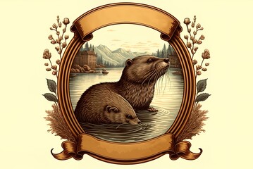 Antique logo with a beaver and an otter Isolated Artwork Design. Generative AI - obrazy, fototapety, plakaty