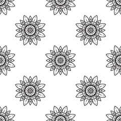 Mandala art Black and white Seamless Pattern. Hand Drawn Ethnic Texture. Vector Illustration in Monochrome tones.
