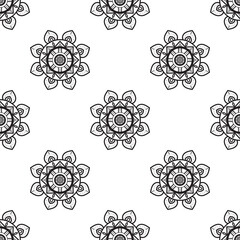 Mandala art Black and white Seamless Pattern. Seamless Abstract Tribal Monochrome Pattern. Hand Drawn Ethnic Texture. Vector Illustration.