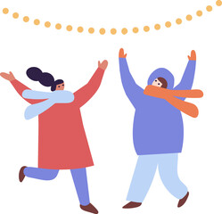 People celebrate winter Holidays flat illustration. Happy New Year, Christmas. 