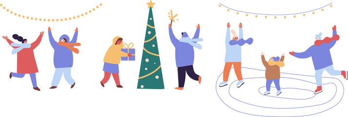 People celebrate winter Holidays flat illustration. Happy New Year, Christmas. 