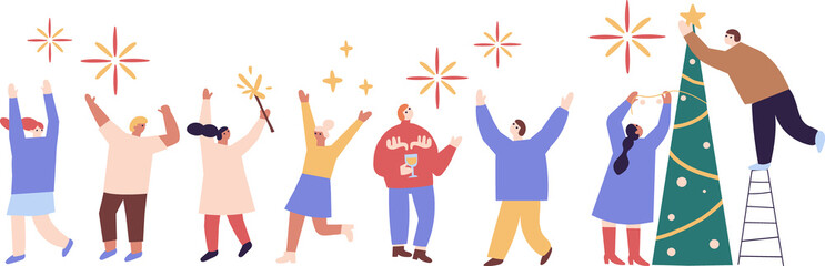 People celebrate winter Holidays flat illustration. Happy New Year, Christmas. 