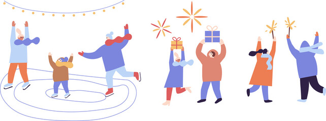 People celebrate winter Holidays flat illustration. Happy New Year, Christmas. 