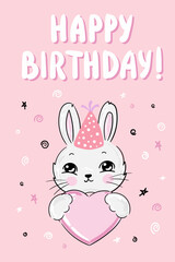 Happy Birthday card design with cute bunny with hearts . Party and celebration elements. Text Happy Birthday. Vector illustration in flat design.
