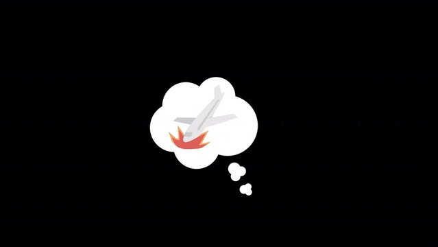 Animated air crash thoughts element. Fear of flying. Flat cartoon style HD video footage. Panic attack in plane color illustration on black background with alpha channel transparency for animation