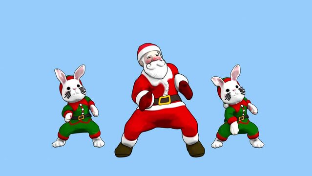 Christmas cartoon Santa Claus and Elf Rabbit looping dancing  3D rendering with alpha matte in the end of clip .