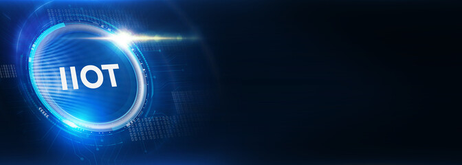 Internet of things - IOT concept. Businessman offer IIOT products and solutions. The future of technology. Virtual screen of the future with the inscription: IIOT. 3d illustration