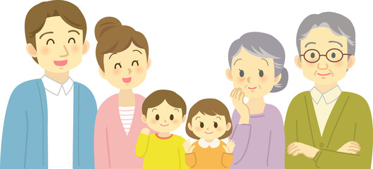 イラスト素材：男女の子供を育てる若い夫婦とシニア夫婦2　6人家族（透過背景）
