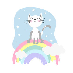 Hand drawn cat in the crown on the rainbow. Cartoon character vector illustration. Childish design print on t-shirt.