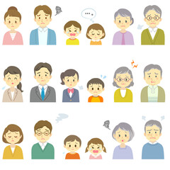 イラスト素材セット：悩み事のある表情で正面を向いた3組の3世代家族（バストアップ/主線なし）（透過背景）
