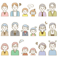 イラスト素材セット：悩み事のある表情で正面を向いた3組の3世代家族（バストアップ/主線あり）（透過背景）
