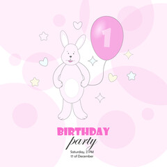 A postcard, an invitation to a birthday party with a pink bunny and a balloon with the number 1. Vector illustration