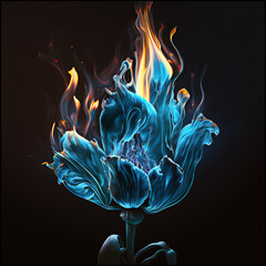 blue tulip on fire, generative ai composite