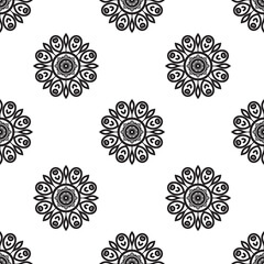 Mandala flower Black and white Seamless Pattern. can be used for wallpaper, pattern fills, coloring books and pages for kids and adults. Black and white.