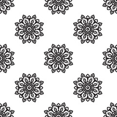 Mandala flower Black and white Seamless Pattern. Hand Drawn Ethnic Texture. Vector Illustration in Monochrome tones.