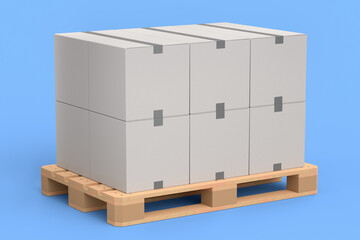 Set of wooden pallet for warehouse cargo storage with cardboard boxes on blue