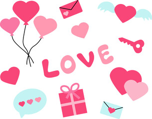 Happy Valentine's Day, color vector set. Balloons, hearts, letters, key, message, gift, hand lettering Love.