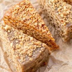 Waffle cake made of crispy waffle cakes with boiled condensed milk