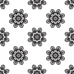 Fototapeta na wymiar Flower Mandala art Black and white Seamless Pattern. Monochrome retro background inspired by traditional art