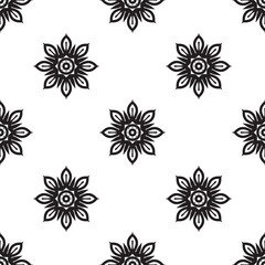 Fototapeta na wymiar Flower Mandala art Black and white Seamless Pattern. Seamless Abstract Tribal Monochrome Pattern. Hand Drawn Ethnic Texture. Vector Illustration.