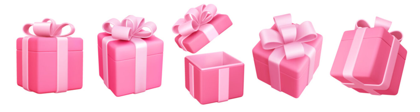 Set of 3d pink gift boxes with cute bow. Open and closed. Holiday design element for birthday, wedding, advertising banner of sale and other life events. Vector realistic illustration