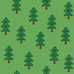 Green forest trees seamless pattern for print. Christmas trees on green background cartoon.