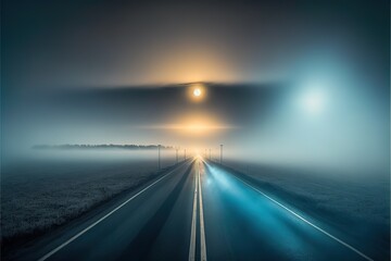 view of the empty highway through the fields in a fog at night. Moonlight, clear sky. Sunrise. Europe. Transportation, logistics, travel, road trip, freedom, driving. Rural scene. Generative AI