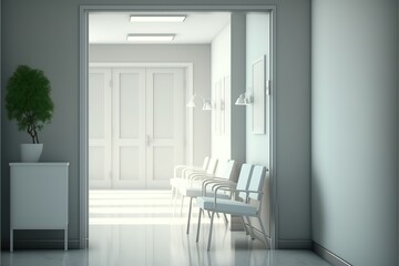 White hospital corridor with doors and white chairs for patients waiting for the doctor visit. A poster. Generative AI