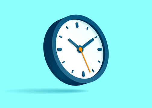 Clock icon in flat style, blue 3d timer on turquoise background. Business watch. Volume vector design element for you project