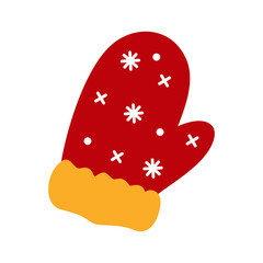 cute red Christmas glove sticker, illustration of a  Christmas glove with snow
