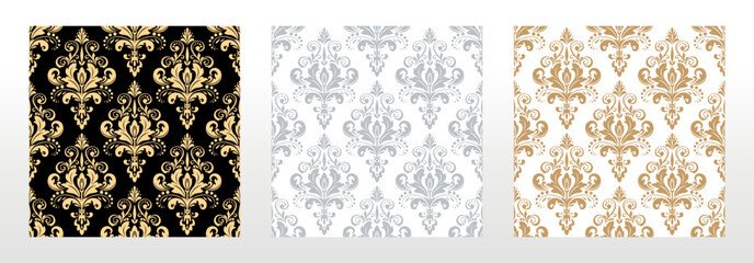 Wallpapers in the style of Baroque. Seamless vector backgrounds. Set of colored floral ornaments. Graphic patterns for fabric, wallpaper, packaging. Ornate Damask flower ornaments